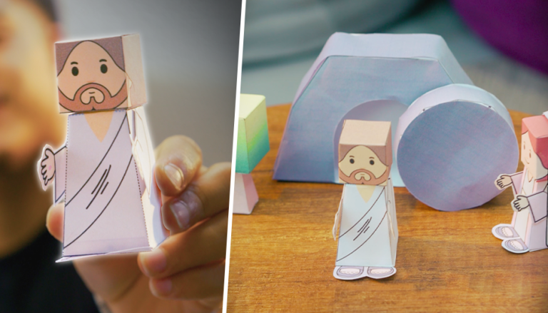 Easter Paper Craft Scene of Empty Tomb, Mary magdalene and Jesus Christ