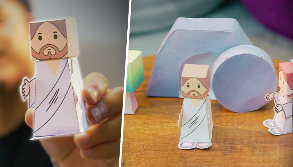 Easter Paper Craft Scene of Empty Tomb, Mary magdalene and Jesus Christ